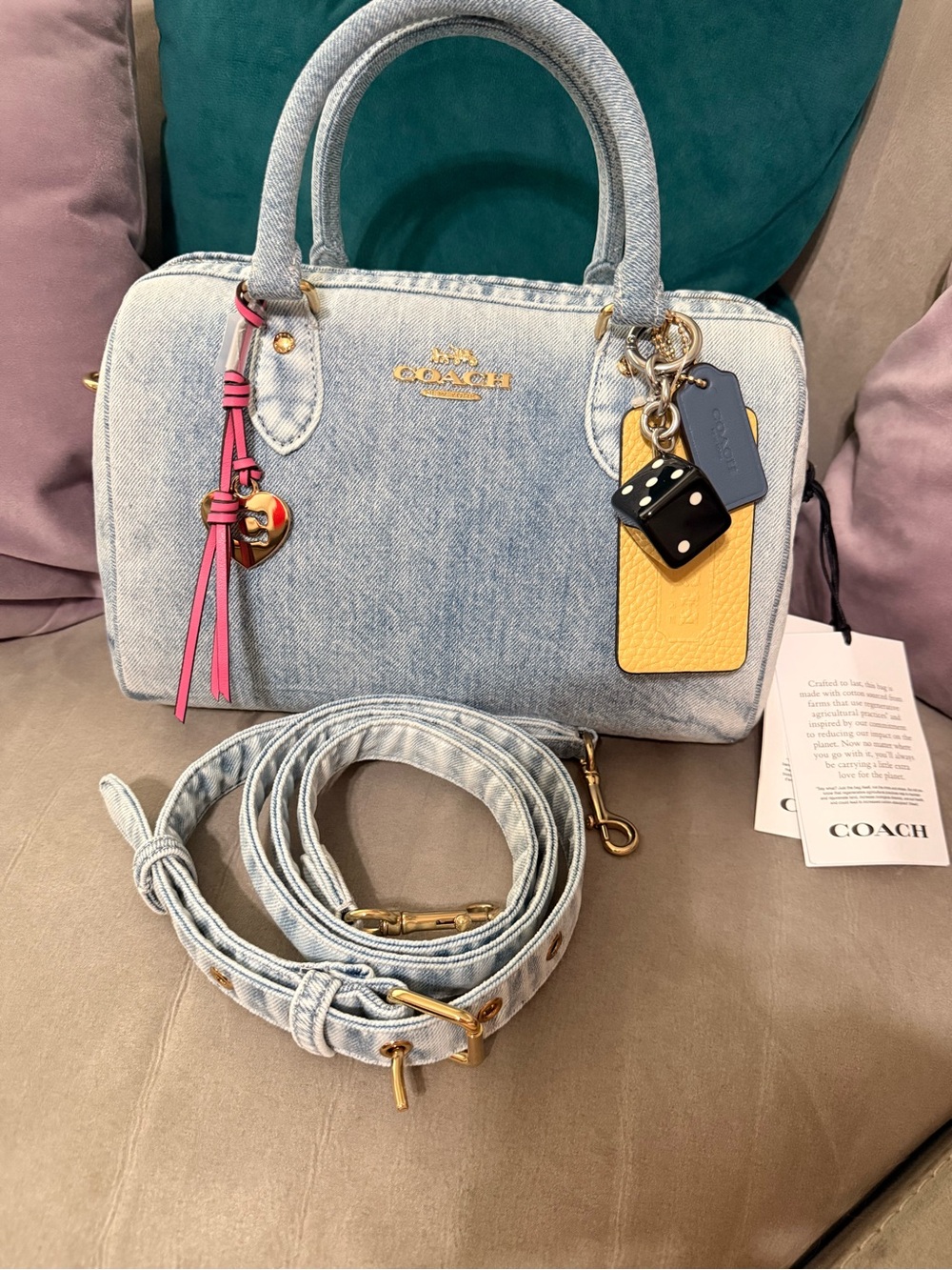 Coach Light Denim Satchel with Pink Tassel and Yellow Tag